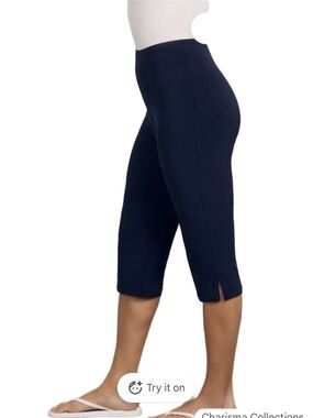 Sympli Black Capri Pants Stretchy Pull-on Slit Hem Sz 14 Black